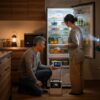 停電の夜、防災対策が整ったキッチンで、ポータブル電源に繋がれた冷蔵庫を囲む日本の家族。ランタンの灯りの下、安心して過ごす様子が、事前の備えの大切さを示している。